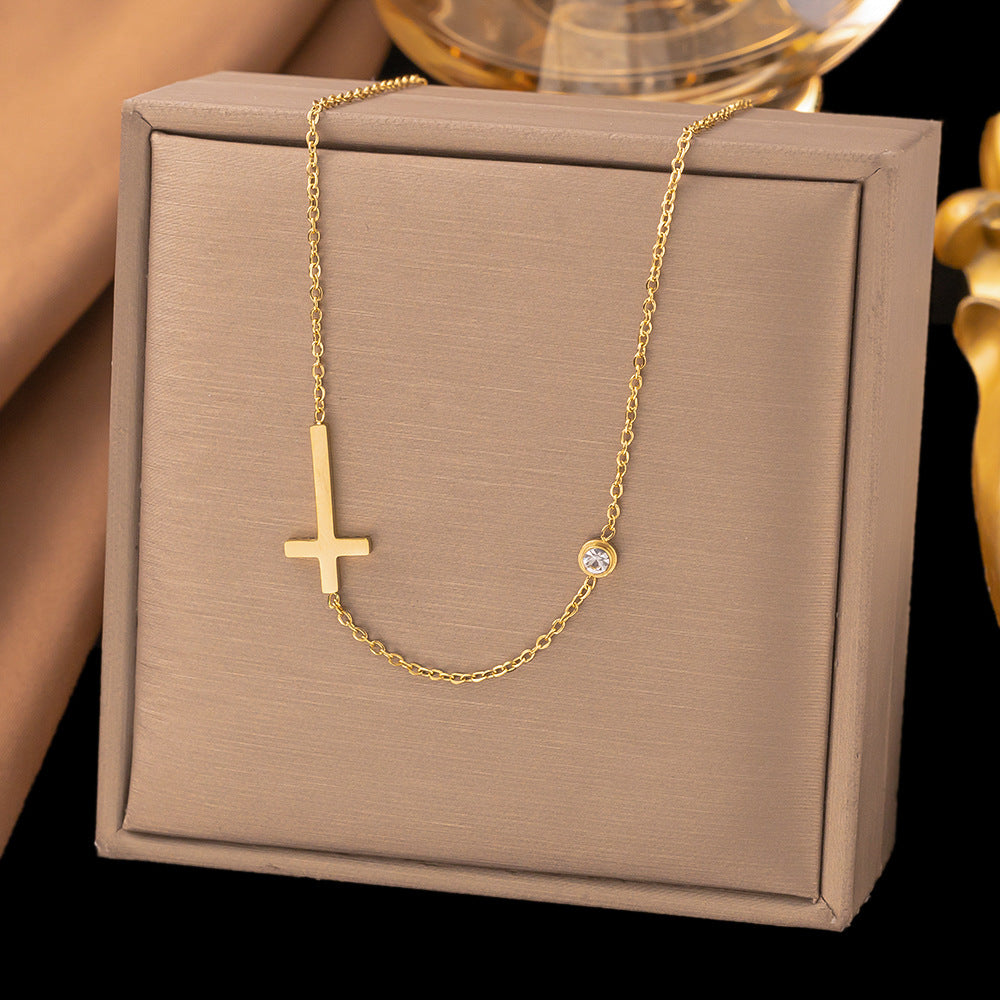 Gold Sideways Cross Necklace & Bracelet Set
