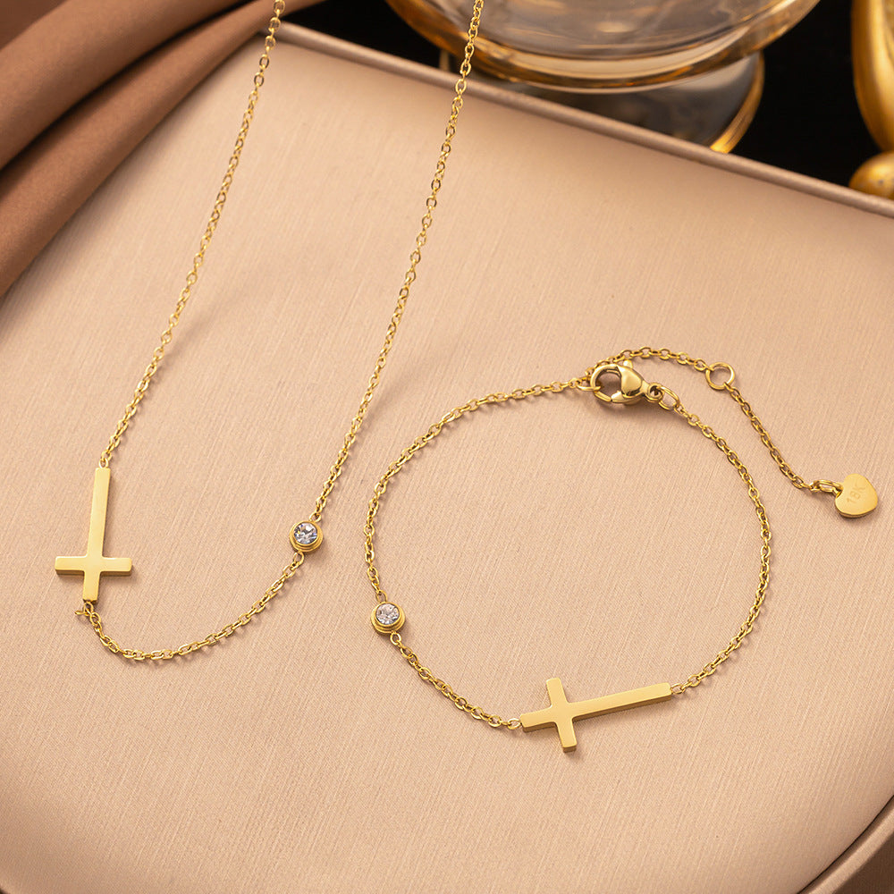 Gold Sideways Cross Necklace & Bracelet Set