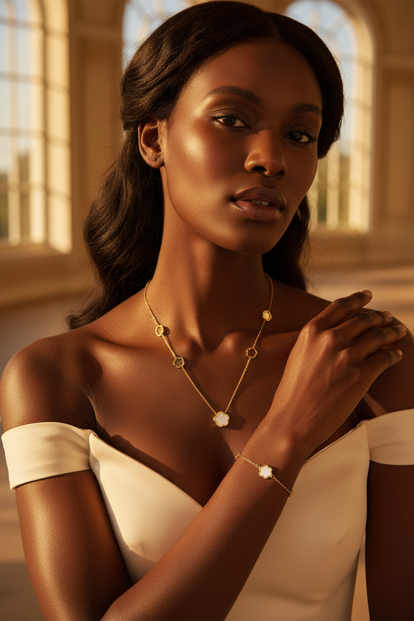 Gold White Clover Set – Black Model Lifestyle