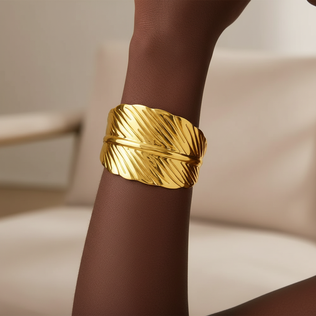 Golden Leaf Cuff Bangle on Dark Skin