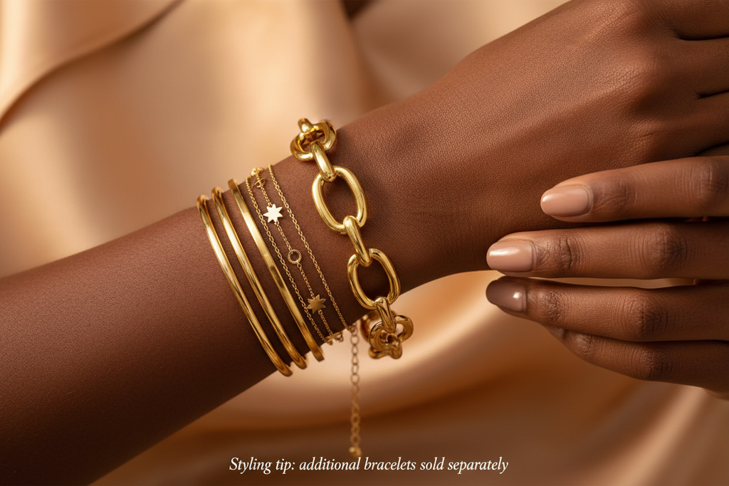 Aurum Chain Bracelet styled in a stacked look — Styling tip: additional bracelets sold separately